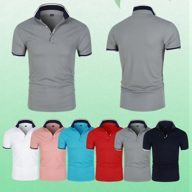 Kaus kerah lengan pendek pria, T-shirt Polo bersirkulasi udara kasual modis Musim Panas 2024
