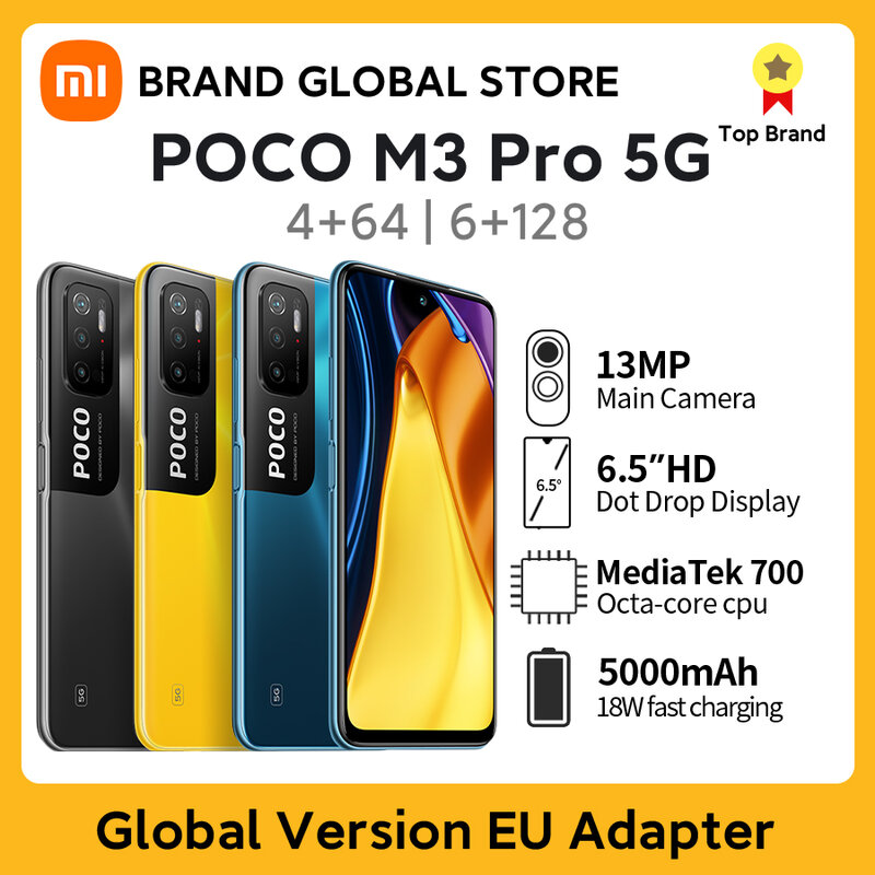هاتف POCO M3 Pro 5G الإصدار العالمي هاتف ذكي NFC بذاكرة 64 جيجابايت/128 جيجابايت أبعاد 700 90 هرتز 6.5 بوصة FHD + شاشة 48 ميجابكسل 5000 مللي أمبير في الساعة هاتف خلوي بكاميرا