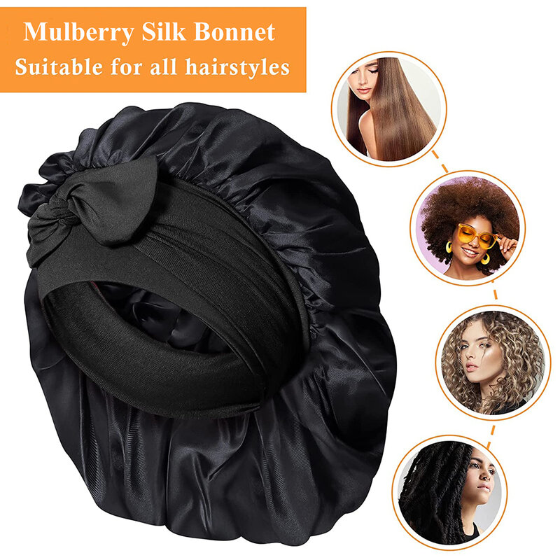 Bonnet de couchage en soie de mûrier pour femmes, grand Bonnet avec Large bande élastique de cravate pour le soin des cheveux bouclés Dreadlock, 100%