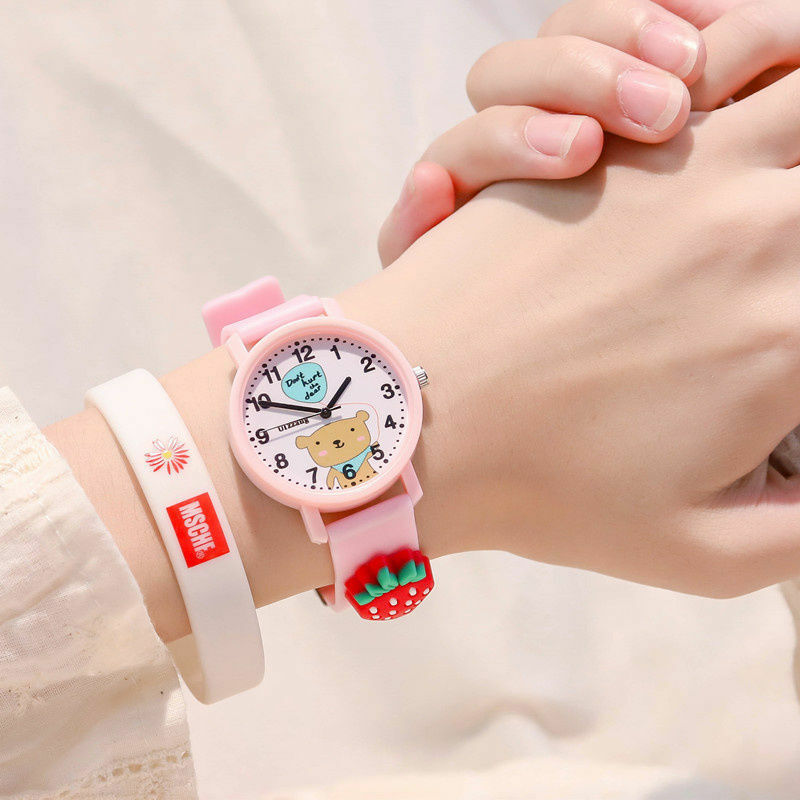 Coreano doce cor bonito dos desenhos animados à prova dwaterproof água crianças lazer mão quartzo rosa silicone cinta para meninas digital dial crianças relógio