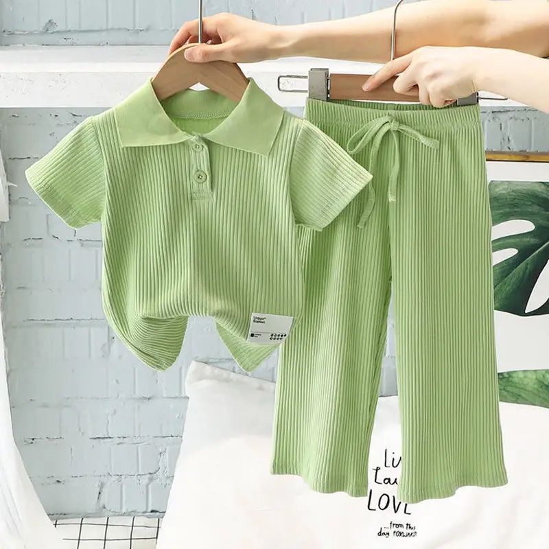 Conjunto de roupas de verão monocromático feminino, camiseta com gola lapela e calças largas, roupa casual, novo terno fashion, 2-8 anos, 2 peças