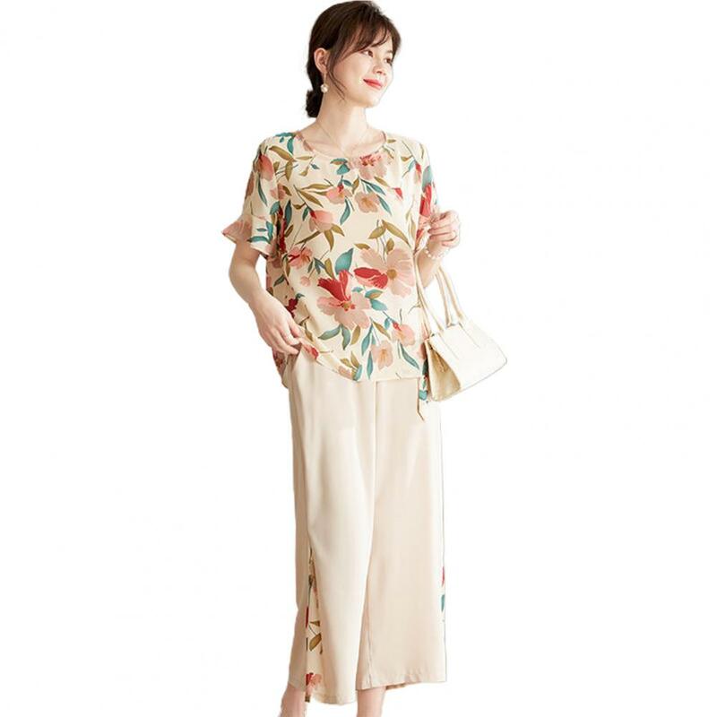Conjunto feminino de calças vintage soltas, top de camiseta e calças, estampa de flores, mangas plissadas, perna larga, patchwork, 2 peças por conjunto