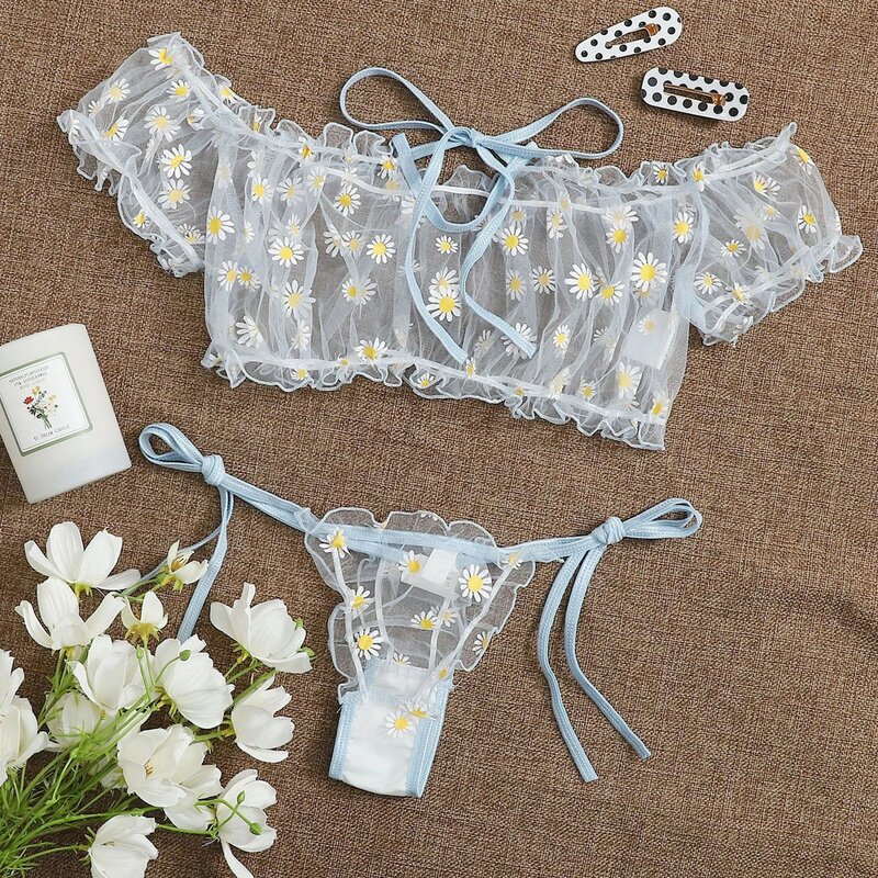 Women Sexy Lace Bra Sleepwear Two Piece Set Cute Floral Embroidery Bowknot Drawstring Strapless Underwear Side Ties Thong Set