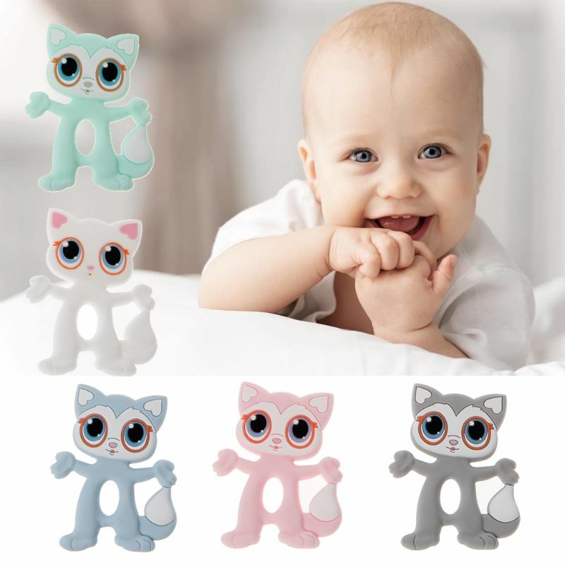 Mordedores bebé dibujos animados seguros, lindo gato, juguetes dentición para masticar silicona DIY para niños