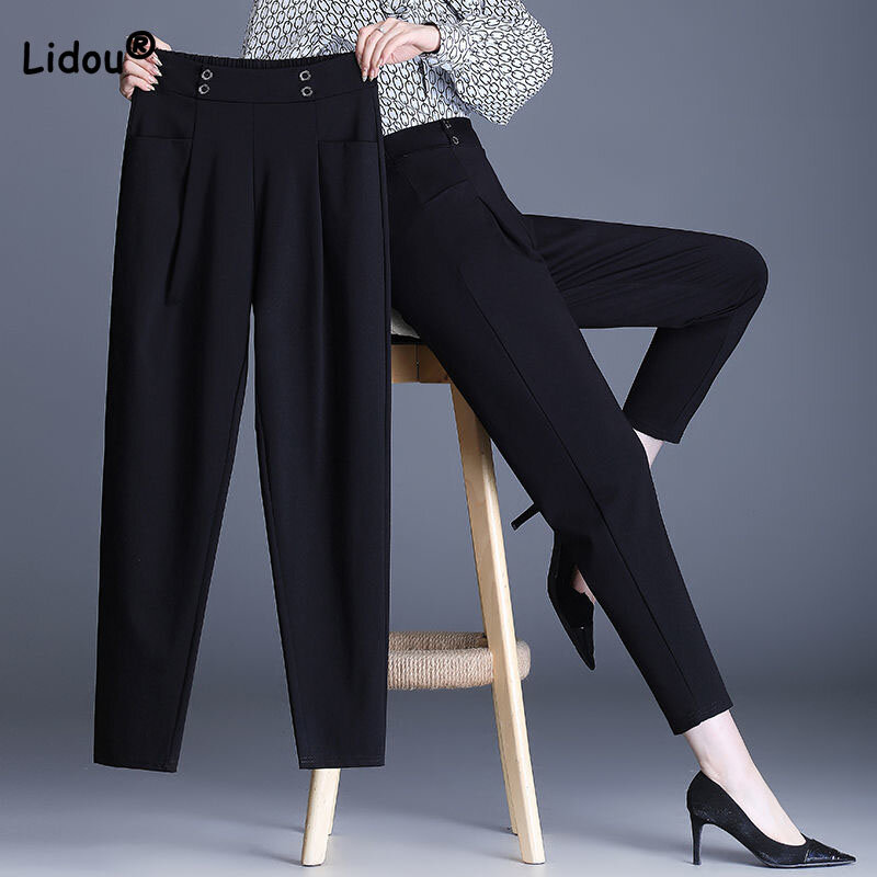 Pantalones bombachos de cintura alta para mujer, pantalón sencillo, informal, empalmado con botones, Color liso, 2023