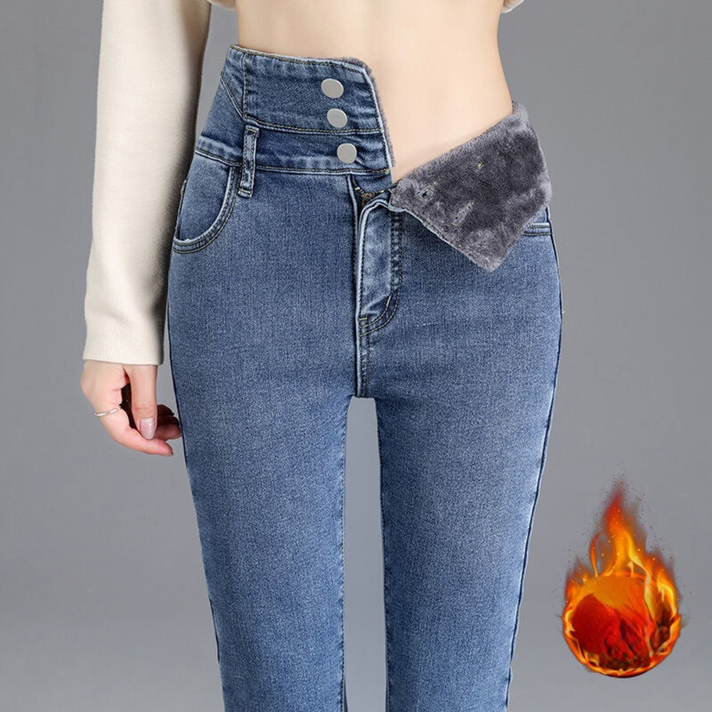 Winter Thick Velvet High Waist Skinny Jeans Women Simple Fleece Warm Slim Fit Stretch Ladies Casual Denim Mom Pencil Pants