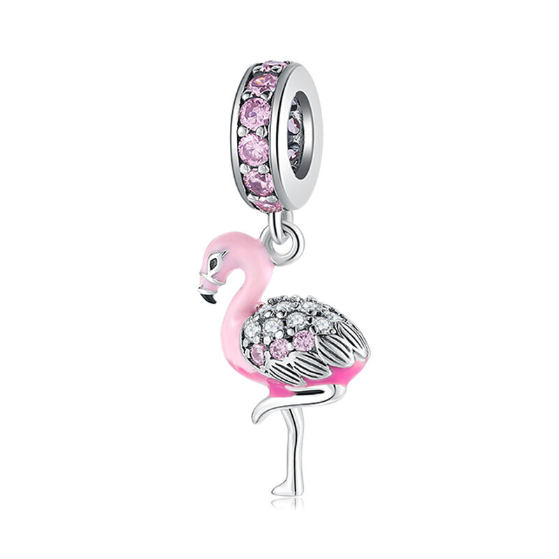 Hot 925 Sterling Silver Pink Sparkling CZ Flamingo koralik do bransoletki z wisiorkami do tworzenia biżuterii zawieszki Fit Original Charm europejskie bransoletki
