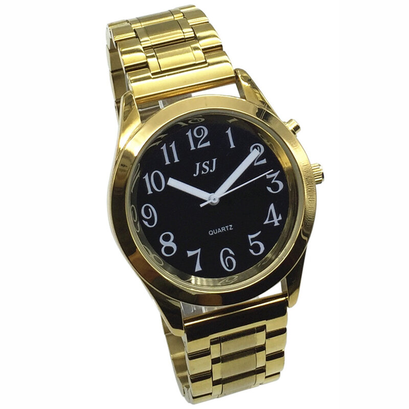 Angielski rozmowa zegarek z funkcja alarmu, rozmowa data i czas, czarna tarcza, czarny skórzany pasek, złota koperta TAG-807