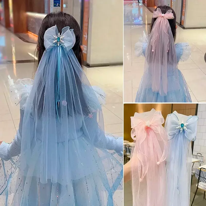 Horquilla de princesa Elsa de Frozen para niños, cinta de malla bonita, horquilla de pajarita para niña, Piaosha, borla Kawaii, regalo de cumpleaños para niña