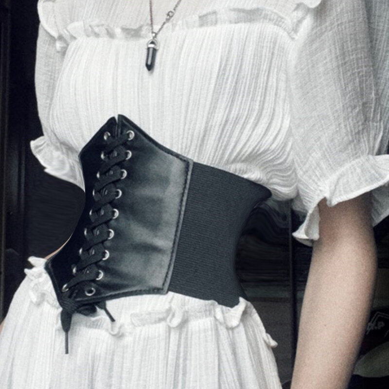 Espartilho feminino gótico de couro PU com cordões, cintura emagrecedora vintage, preto, cinto largo para menina, na moda