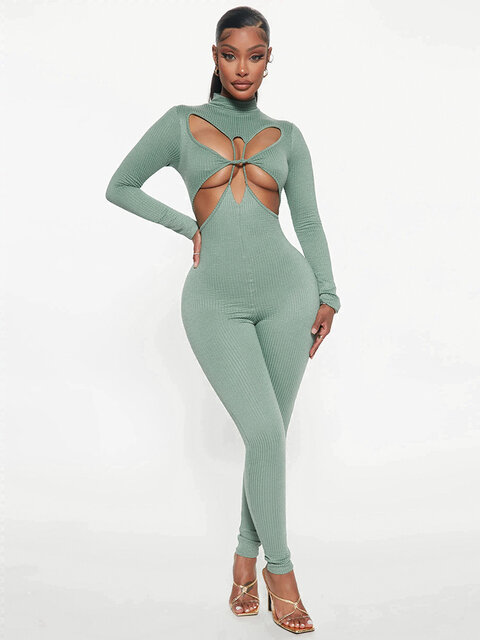 Women Cute Birthday Party Y2K Christmas Hollow Out Zip Up Sexy Elegant Turtleneck Long Sleeve Slim Jumpsuit 2023 Winter