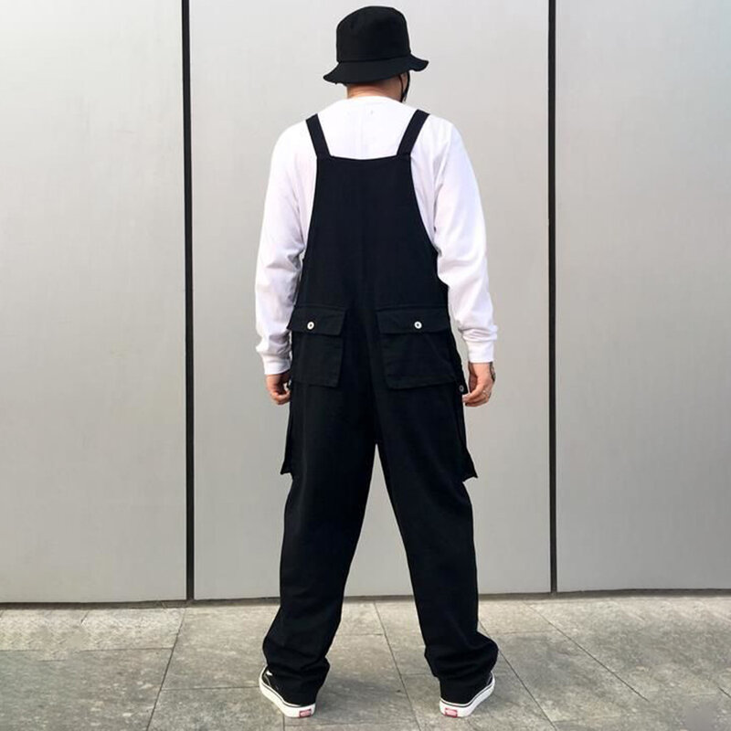 Men Denim Overalls Loose Baggy Street Hip Hop Japanese Style Multi-Pocket Streetwear Work Trousers Cargo Jumpsuit