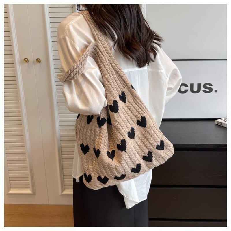 Bolsa tricotada de grande capacidade para mulheres, Bolsa de ombro tecida casual