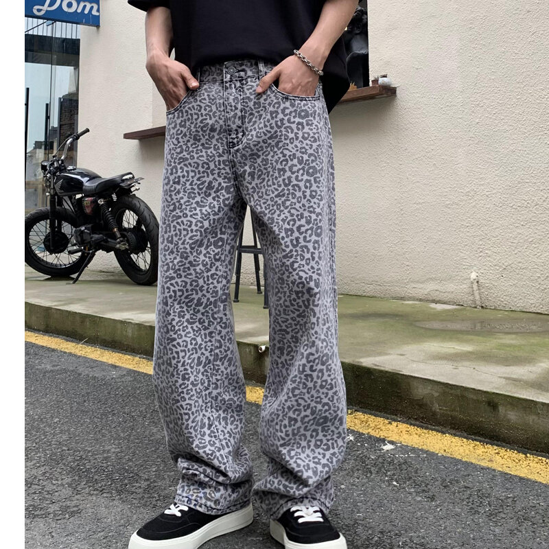 New high-end jeans for MEN'S FASHION street trend brand leopard print loose straight hip-hop casual washed neutral denim pants