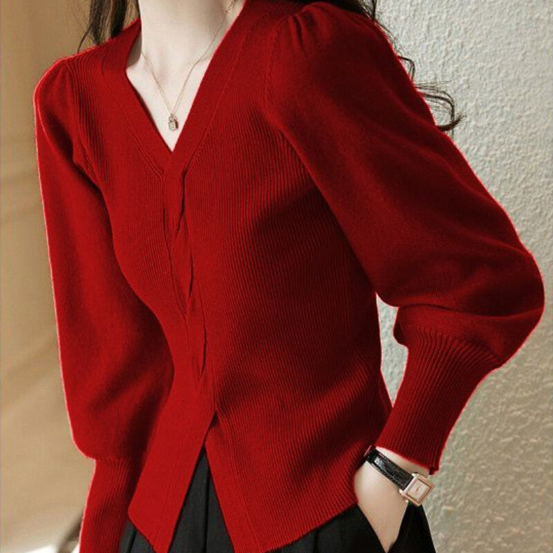 Czerwone damskie swetry z dekoltem w szpic dzianinowy Top dla kobiet Trend 2023 koreański luksusowy nowy sweter z dzianiny Y2k Vintage w