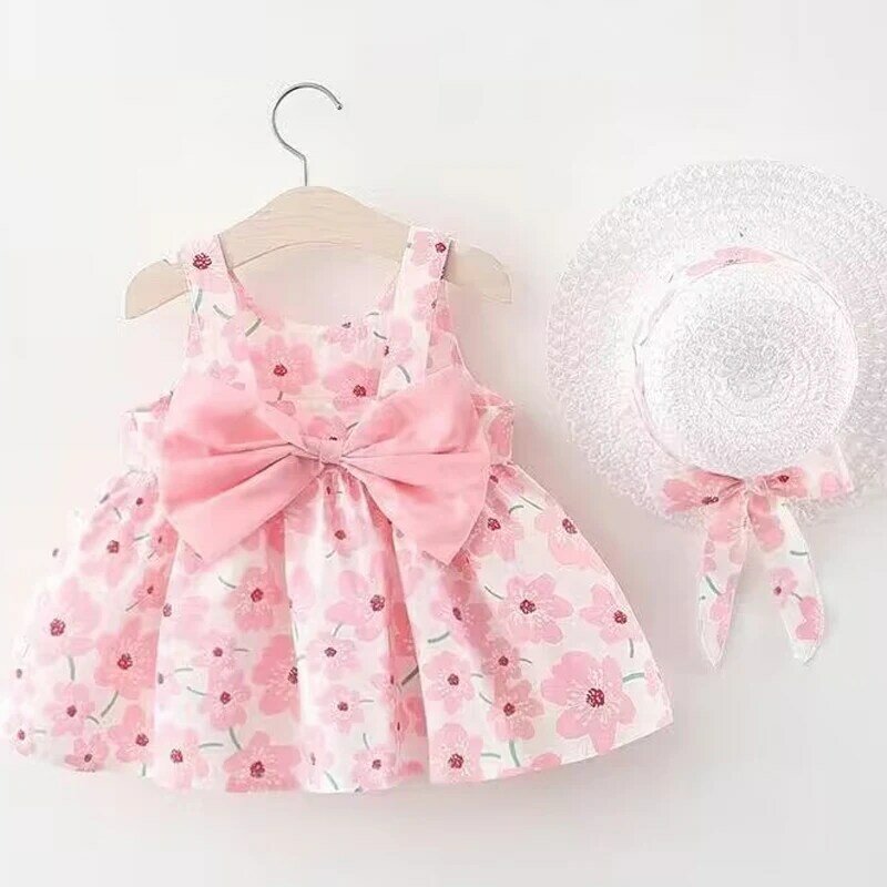 New girl floral dress sweet summer bow toddler beach dress per bambini dai 0 ai 3 anni abbigliamento neonato + cappello set di 2 pezzi