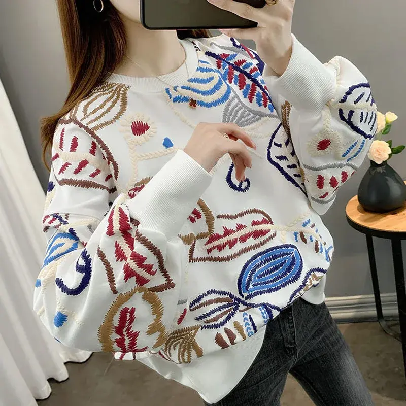 Women's Fashion Casual Printed Round Neck Sweatshirts Autumn Korean All-match Long Sleeve Thin Pullovers Female Clothing Z749