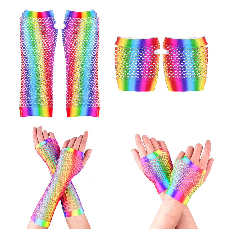 1pair/2pcs New Ladies Sexy Rainbow Color Mesh Net Fishnet Gloves Hollow Out Holes Fingerless Disco Dance Costume Half Mittens