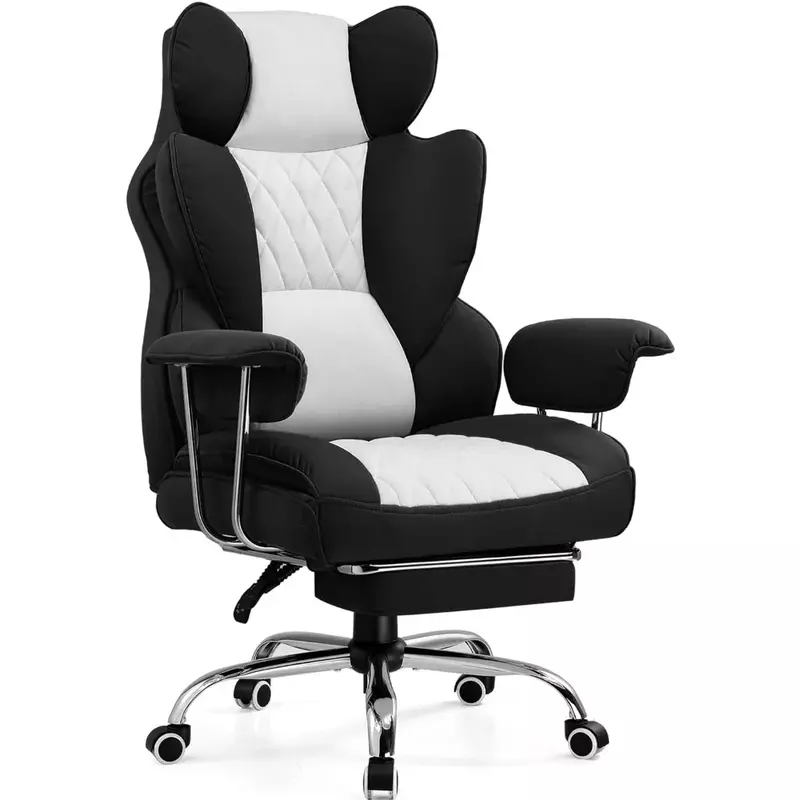 Chaise de bureau avec support audio à ressorts, avec accoudoirs souples et repose-pieds fixés vers l'extérieur (gris noir)