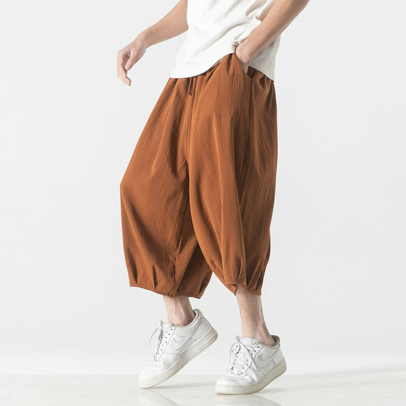 Letnie spodnie męskie z szerokimi nogawkami do łydek w stylu Vintage spodnie męskie z elastyczną talią spodnie dresowe dla joggerów nowy duży rozmiar 5XL