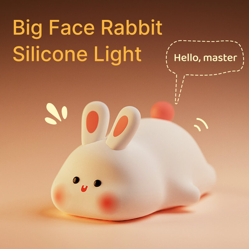 Luz de noche de conejo de silicona de cara grande, lámpara suave de dibujos animados, luz de noche táctil, luz de sueño para niños, decoración de habitación, regalo