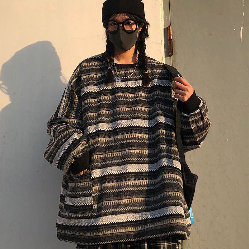 Swetry damskie popularne Ulzzang BF Unisex pary japońska dzianina w paski sweter Hip Hop kobieta nowa moda zimowa Retro codzienna