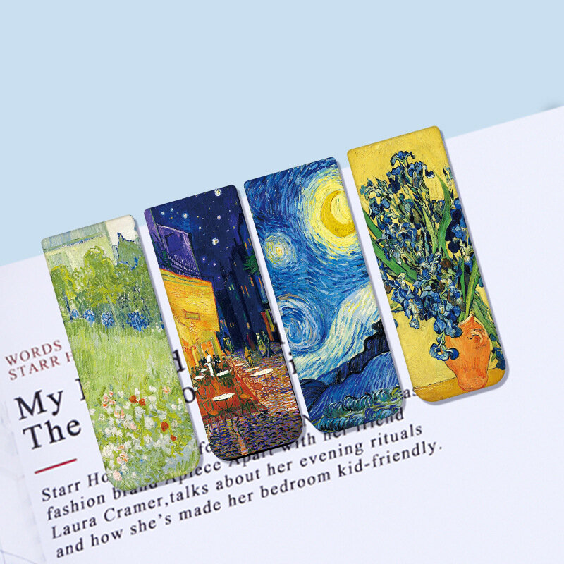 Pinturas mundialmente famosas Ímã Bookmark, Retro, Van Gogh Céu Estrelado, Leitura Book Mark, Material de papelaria, School Office Supply, 4Pcs