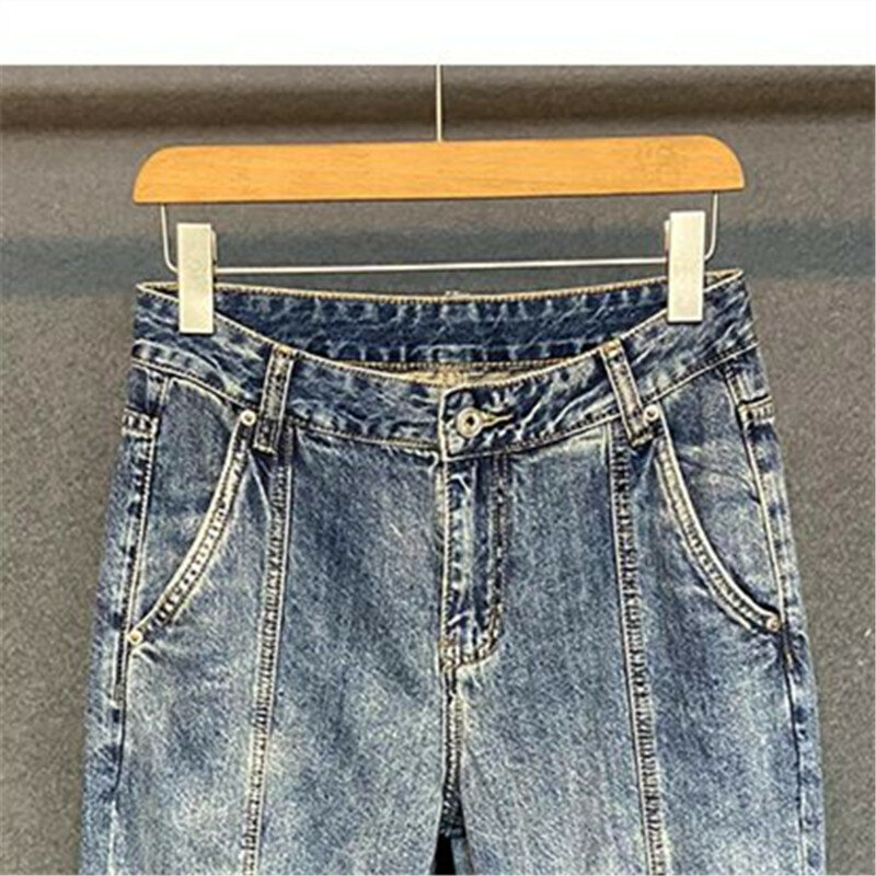 Pantalones bombachos de mezclilla americana para Hombre, Ropa informal Simple, empalme, Jeans Vintage, pantalones sueltos de verano, otoño, nuevo