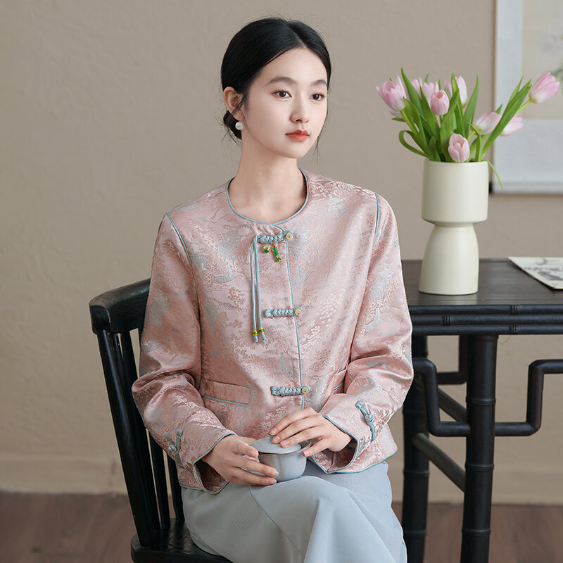 Miiiix 2024 New Chinese Fashion Design Coat Women's Spring Jacquard Single Breasted Top Round Neck Coat Female Clothing