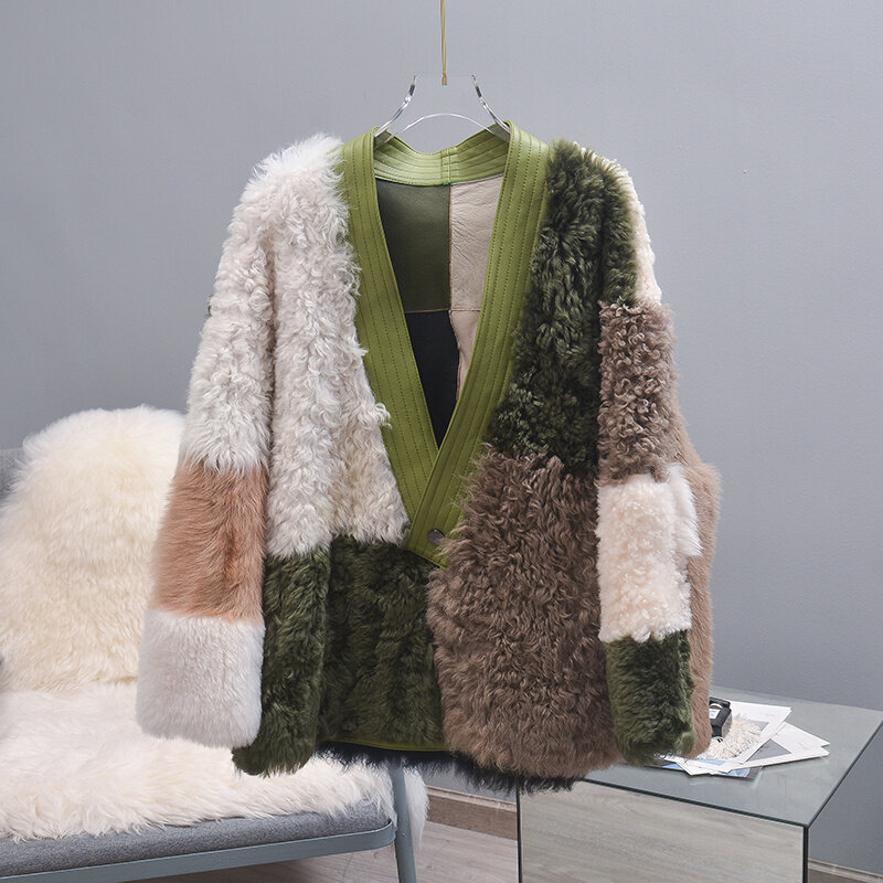 女性用ウールファーコート,コート,対照的な色,暖かいファッション,冬