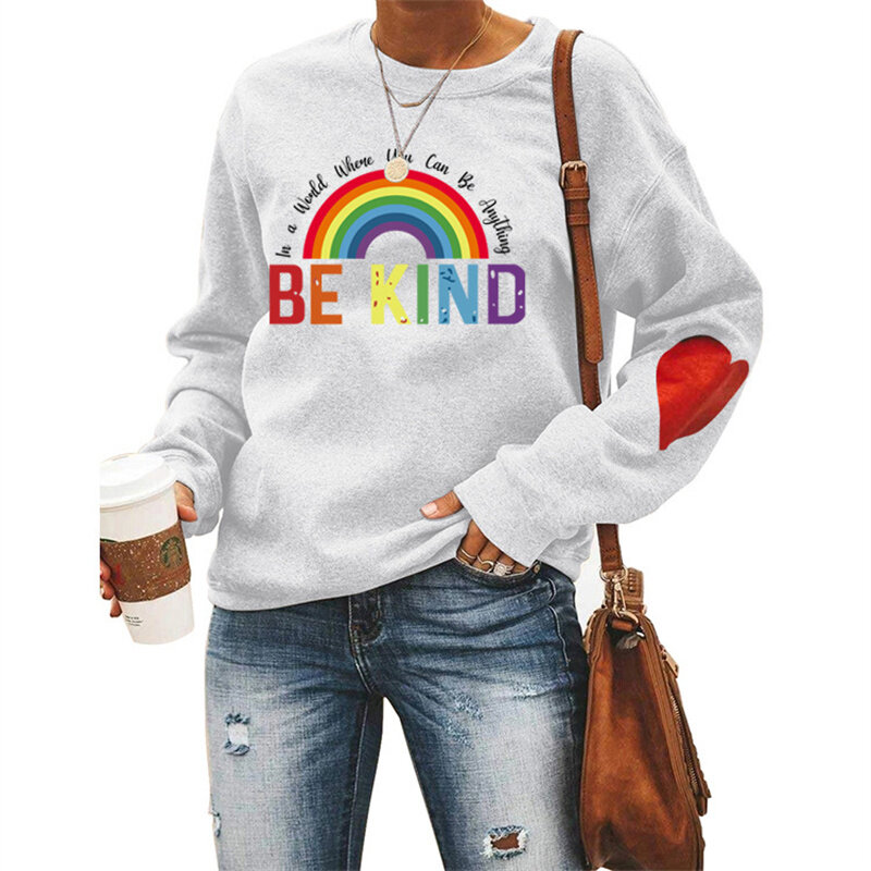 New spring and autumn women's cotton BE KIND sleeves love fashion casual print vintage round neck long sleeve hoodie