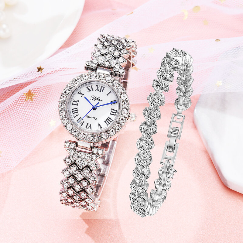女性のためのエレガントなピンクゴールドの時計,クォーツとダイヤモンドの腕時計,2個セット
