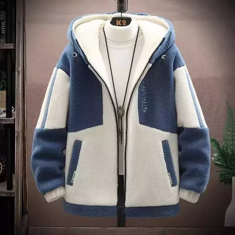 Jaqueta de lã de cordeiro masculina, lã granular, streetwear grosso, casacos casuais, combinando cores, mantenha aquecido, moda, inverno e outono