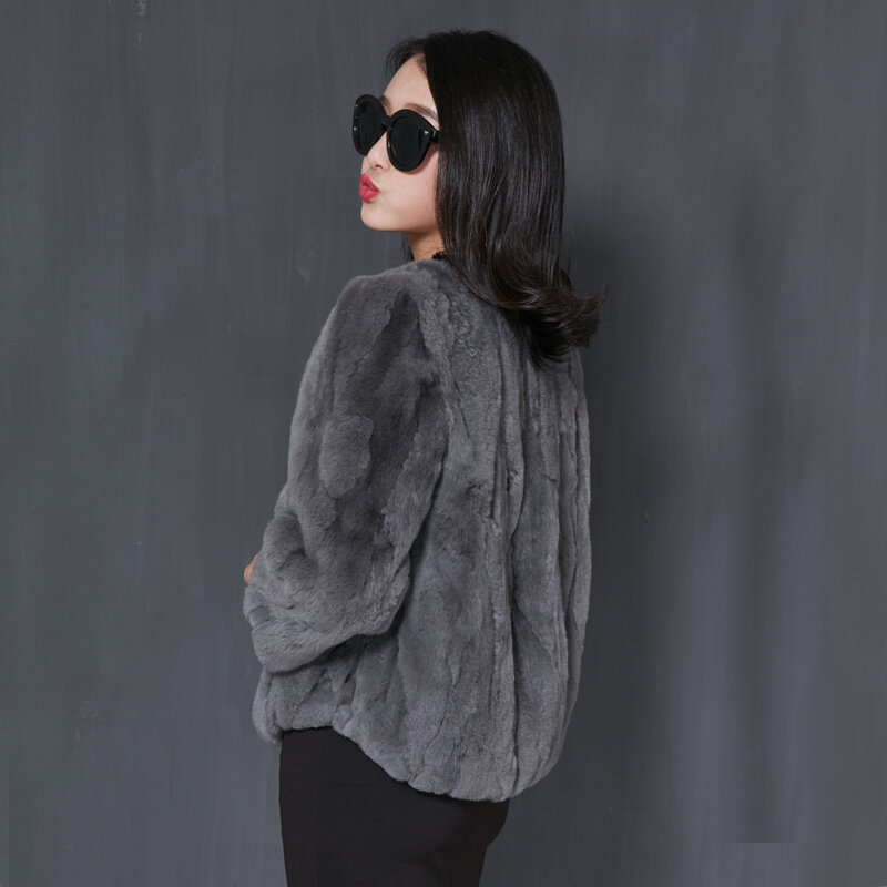 Mantel bulu kelinci asli untuk wanita, jaket bulu kelinci Rex asli modis musim dingin gaya pendek hangat hitam lengan panjang untuk wanita