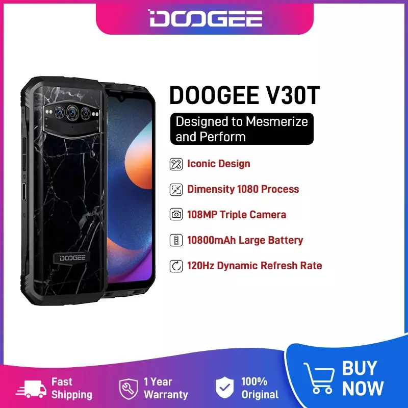 Doogee V30T 5G Dimensity 1080 6NM 12 ГБ оперативной памяти (до 8 ГБ расширена) +256 ГБ ПЗУ (до 2 ТБ) 6,58 "FHD 120 Гц Дисплей 108MP Triple Camera 10800MAH Батарея 66 Вт Android 12.0