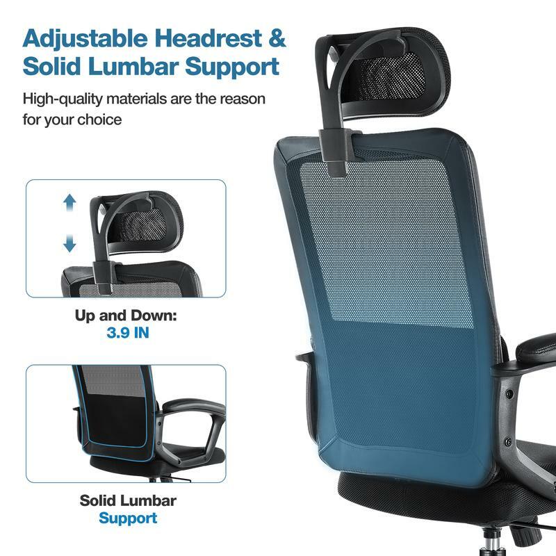 인체 공학적 메쉬 사무실 의자, 높이 조절 가능한 머리 받침대, 요추 지지대, 틸트 기능, 회전 롤링, Sof