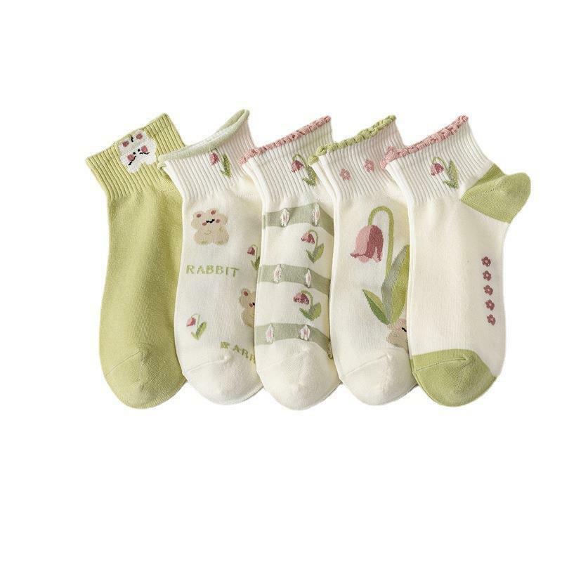 5 Pairs Spring Summer New Boat Socks Women Short Tube Green Small Fresh College Style Flower Cartoon Casual