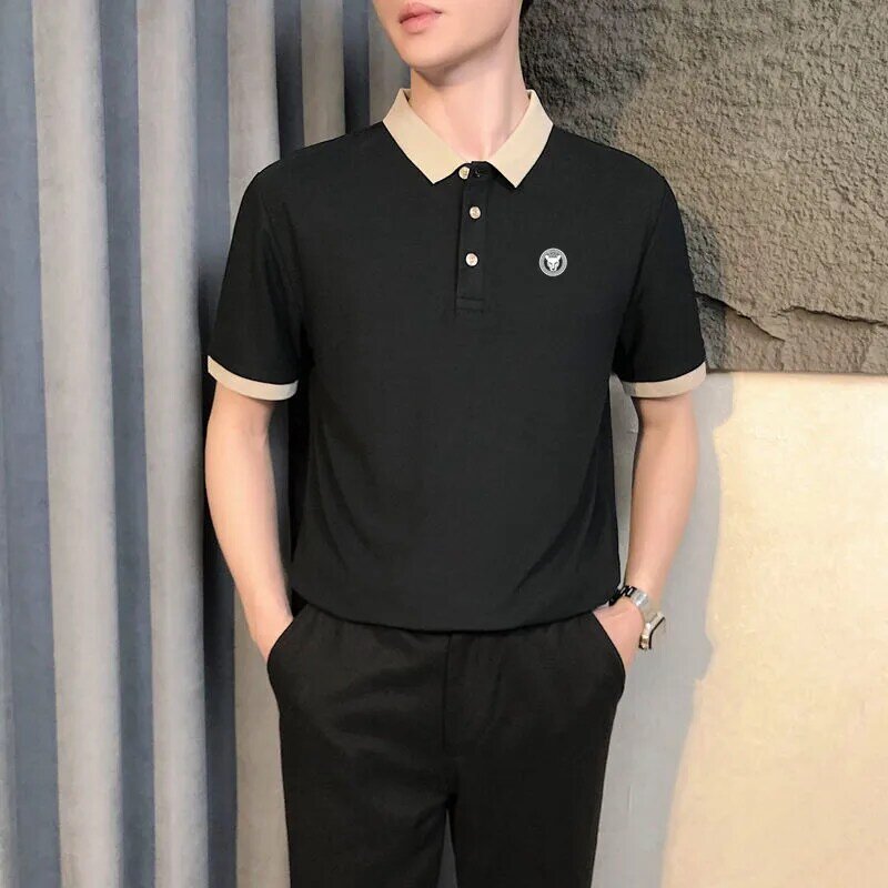 Camiseta de manga media para hombre, camisa fina de negocios con cuello de Polo en contraste, de marca famosa coreana