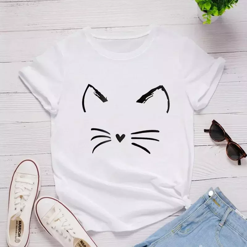 2024 New Love Peach Cats Simple Printing T-shirt Womens Summer Casual Short Sleeve Fashion GraphicTops Odzież damska 4 kolory
