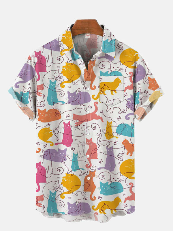 Men'S Cute Cat Printed Casual Shirt Daily Wear 3D Printing Classic Short Sleeve Shirt Fashion Hawaiian Shirts For Men Harajuku