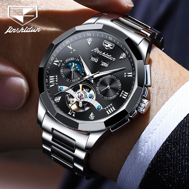 JSDUN-relógio de moda mecânica, pulseira de aço inoxidável, Round-Dial Week Display, luminoso pequeno segundo ano, 8949, presente