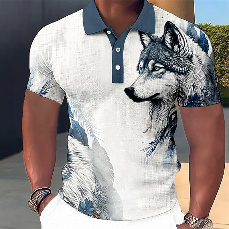 Camisa polo larga larga de manga curta masculina, estampa 3D lobo e águia, roupa animal casual, tops de alta qualidade, verão