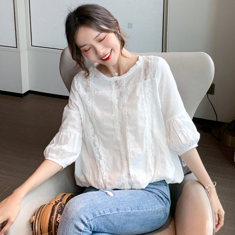 QOERLIN Women White Shirts Floral Embroidered Lace Lantern Sleeve Summer Half Sleeve Chiffon Shirts Hollow Out Blouse Tops Chic
