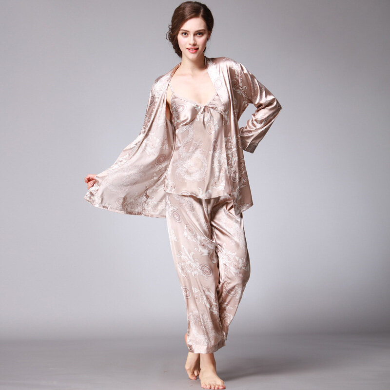 Conjunto de pijamas de satén de seda para mujer, ropa de dormir Floral sedosa, camisola y pantalón con bata, 3 piezas