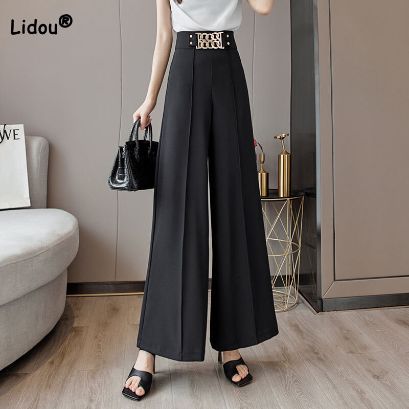 Office Lady Fashion High Waist Metal Spliced Wide Leg Pants Spring Summer Elegant Solid Color Casual Trousers Women's Clothing