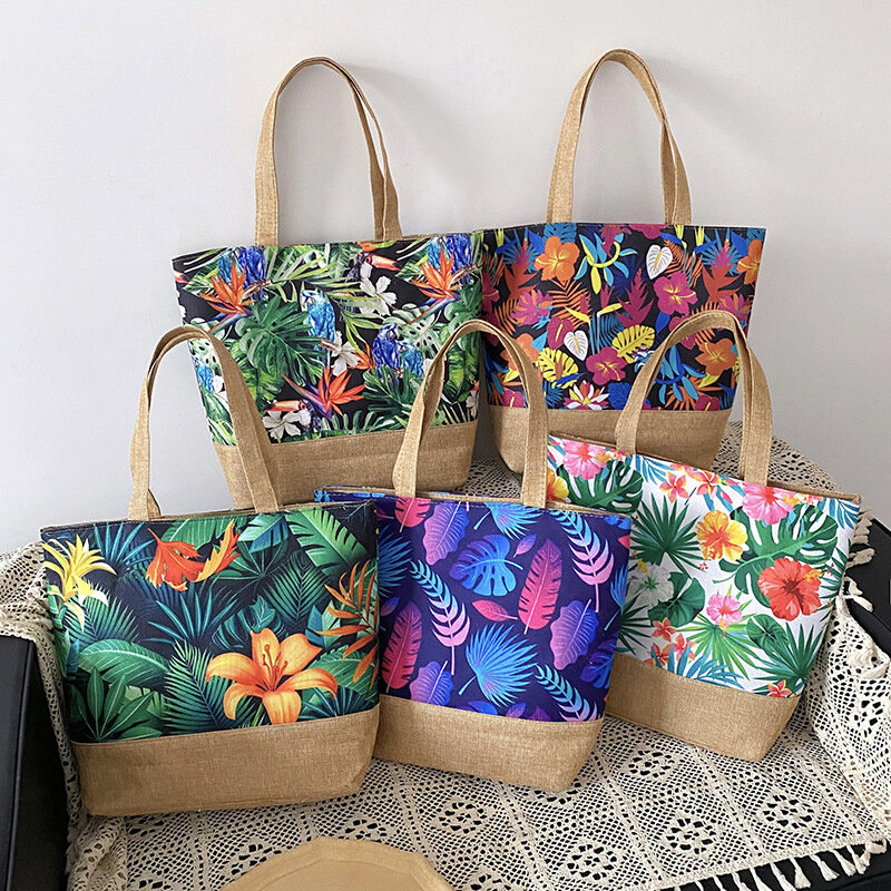 Women's Messenger Bag Leaves Printed Canvas Handbags Large Capacity Totes Fashion Ladies Portable Zipper Beach Shoulder Bag