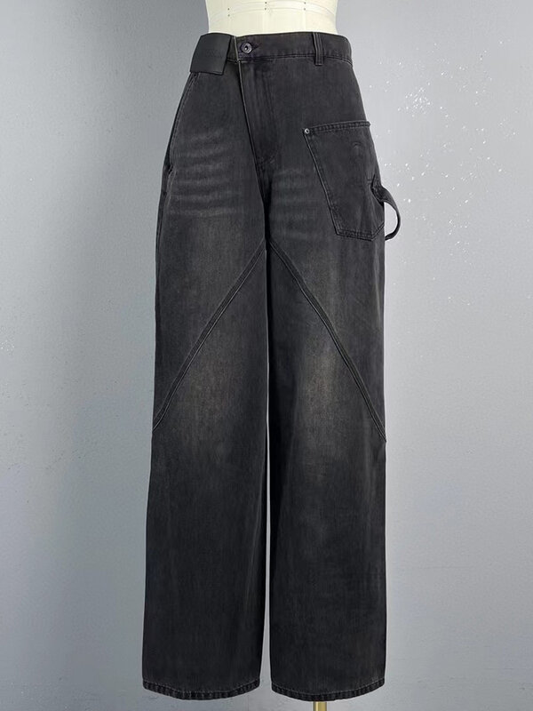 Jeans de cintura alta feminina com fivela diagonal, design retrô, nova moda, luxo com tudo a combinar, calças de pernas largas, lavagem d'água, verão, 2022