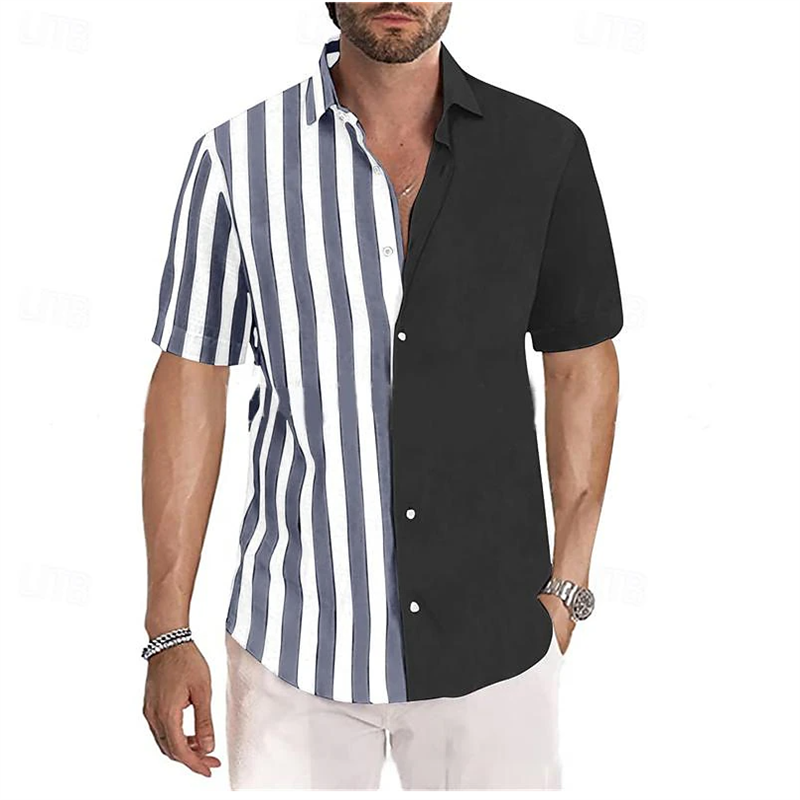 Men's Shirt Summer Oversized 6XL Beach Shirt Short Sleeve Color Block Striped Lapel Hawaiian Resort Clothing Fashion Casual 2024