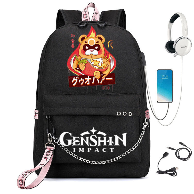 Genshin กระเป๋าเป้สะพายหลัง USB, กระเป๋าเป้สะพายหลังโรงเรียนกระเป๋าแฟนๆกระเป๋าเดินทางแล็ปท็อปโซ่หูฟังพอร์ต