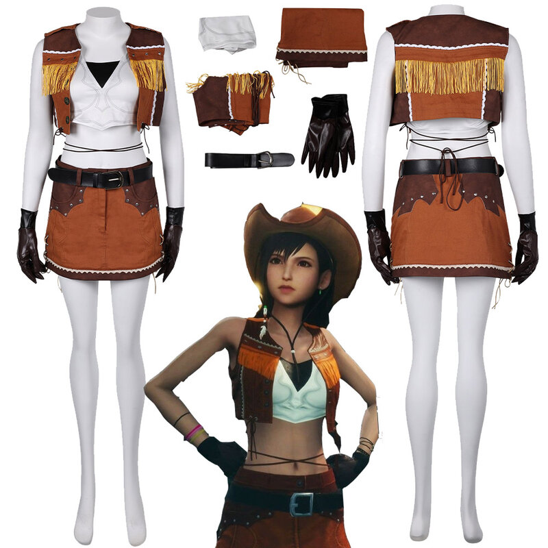 Tifa Cosplay Cowboy Costume Uniform Jeans Skirt Vest Belt For Women Adult Wig Outfits Fantasy Halloween Carnival Party Role Suit
